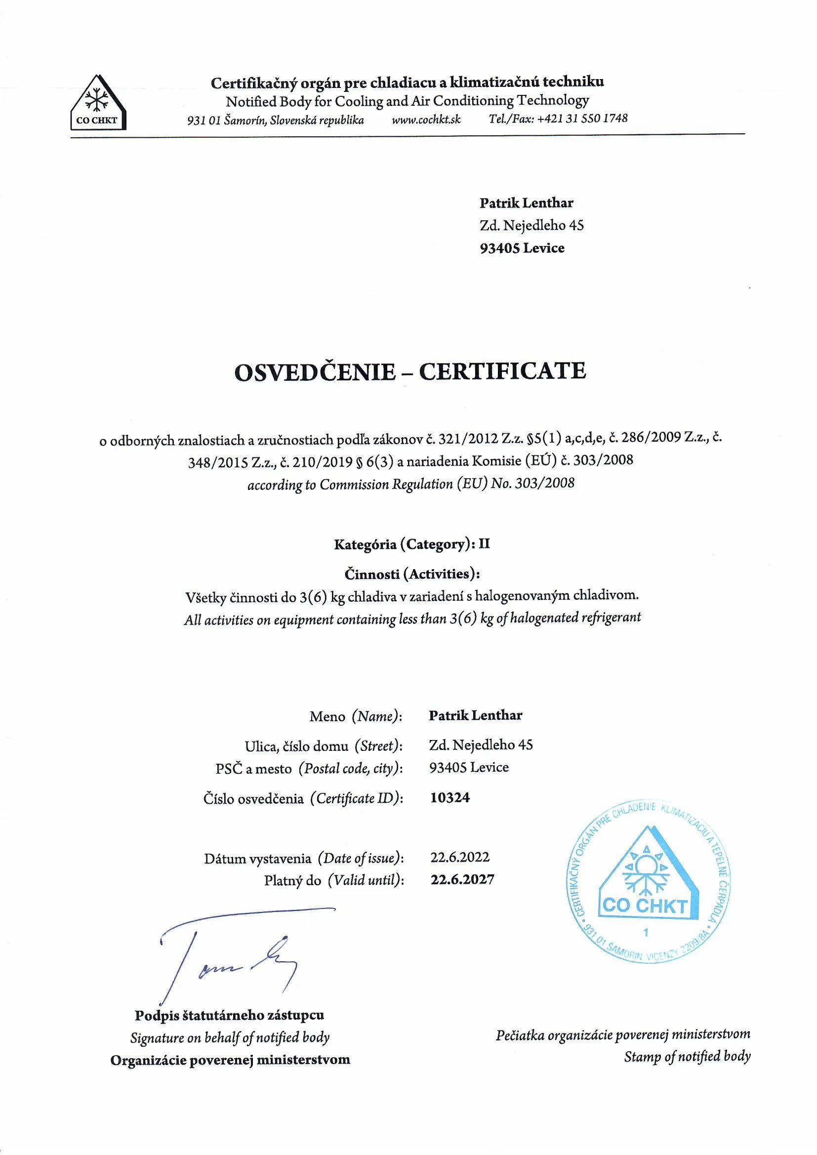 Odborný certifikát pre montáž klimatizácií a chladív